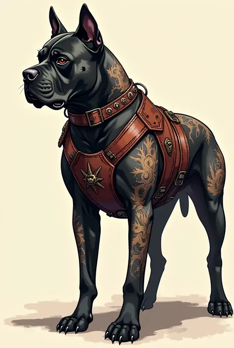 Cane corso, leather armor, tattoo idea, drawn, detailed , anime style, profile view