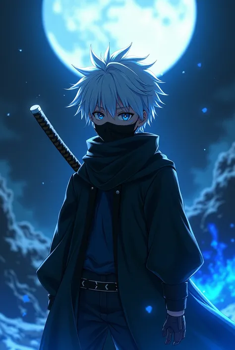 A high quality anime style 1 boy, with a black bus, black jacket white hair, with a katana in hand and releasing a blue aura, standing firm and with a handkerchief covering his mouth up to his nose, emotionless and the character&#39;s entire view into some...