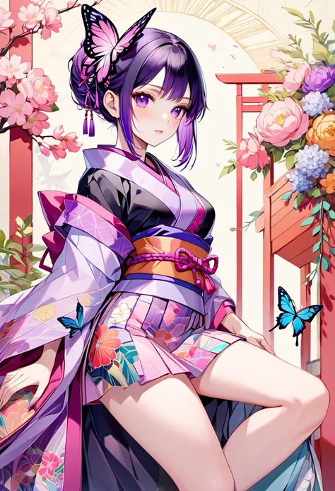 a mesmerizing surreal illustration of a young japanese woman resembling shinobu kouchou. she has black hair, purple eyes, a butt...