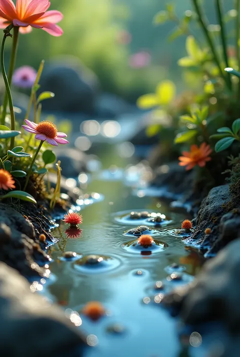 colorful, highly detailed macro shot of the complicated life in a puddle