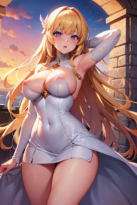 girl, big breasts, big sword, white dress, medieval, castle, legs spread, sunset, blonde, long hair, nipples, cum swallowing, vacant eyes