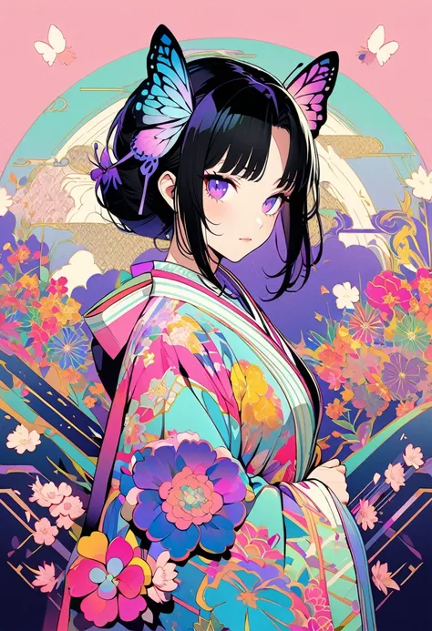 A mesmerizing surreal illustration of a young japanese woman resembling Shinobu Kouchou. She has black hair, purple eyes, a butterfly hair ornament, and wears a vibrant pastel colored outfit adorned with intricate floral patterns. She has a smooth, warm co...