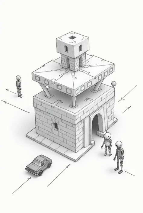  Draw a simple pencil drawing of a castle protected by three walls, three layers of walls, each one represents the skin, symbolizing hypodermis, the dermis, a epiderme. At the entrance to the castle, represent small vehicles that symbolize the epidermis, e...