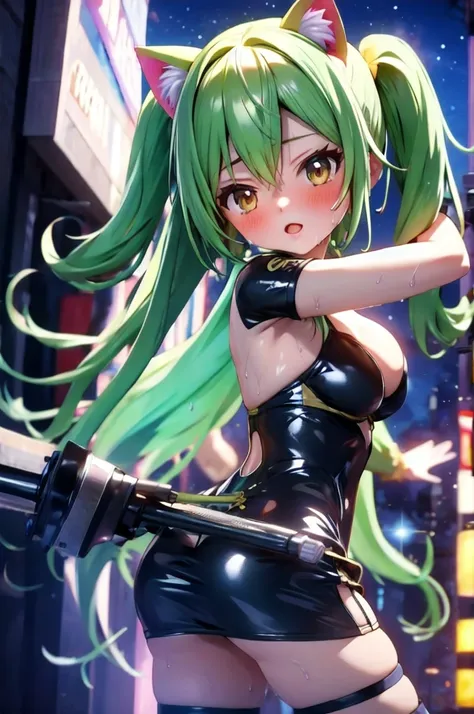 A silver-haired beautiful girl with cat ears eyes are green hair is silver and long clothes: a form-fitting black combat suit The fist is an afterimage The background is a city at night her is in a cat-like fighting pose The year is 14 years monitor, Dark ...