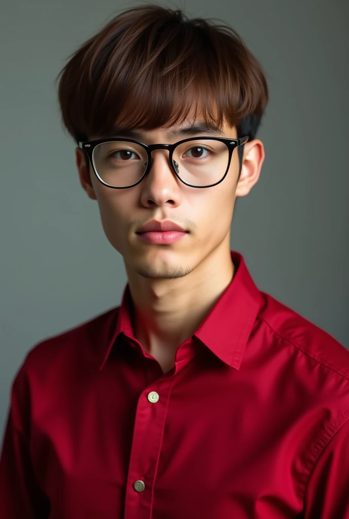 young man with straight hair, glasses and a red formal shirt