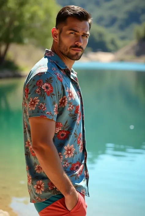 A white man, aged 35, model type, with short dark hair, with blue eyes, wearing a full white and pink shirt and swimming trunks with flowers, from sideways, looking at the camera and showing her ass in a lake in Alentejo