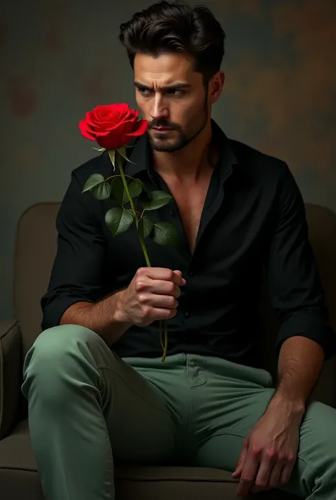 a men wearing black shirt and light green dress pent sirting on sofa holding a fire rose and looking at rose with two fingers in sexy look