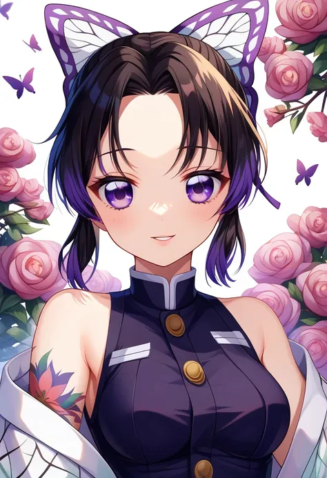 a mesmerizing surreal illustration of a young japanese woman resembling shinobu kouchou. she has black hair, purple eyes, a butt...