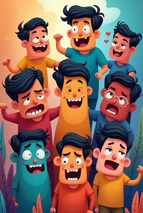 Make a representation of the feelings of joy, dislike, envy, shame, fear, sadness, anxiety and anger in a cartoon drawing 