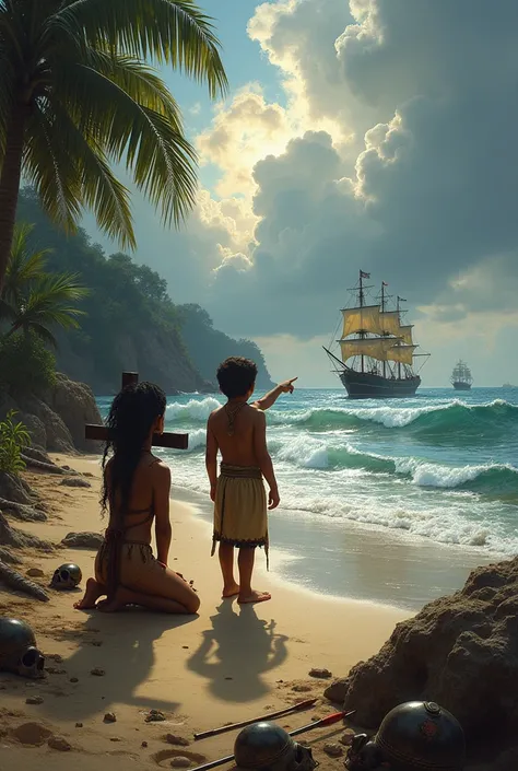 Recreate the painting scene, The girl and the Santa Maria arriving in America, make it as if an indigenous child in indigenous clothing were pointing from the beach when the boats arrive, There is a lot of jungle around and a storm with big waves at sea an...