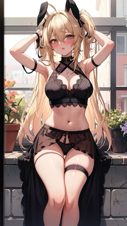 black mascara , makeup  , masterpiece, Best quality, very detailed, terracotta tiles, 1 girl, ahoge, Hand strap, blonde hair, Good, ремни для bandageок, hair between eyes, bunny ears,underwear, long hair, white, bandage, underwear, thin waist, lush breasts...