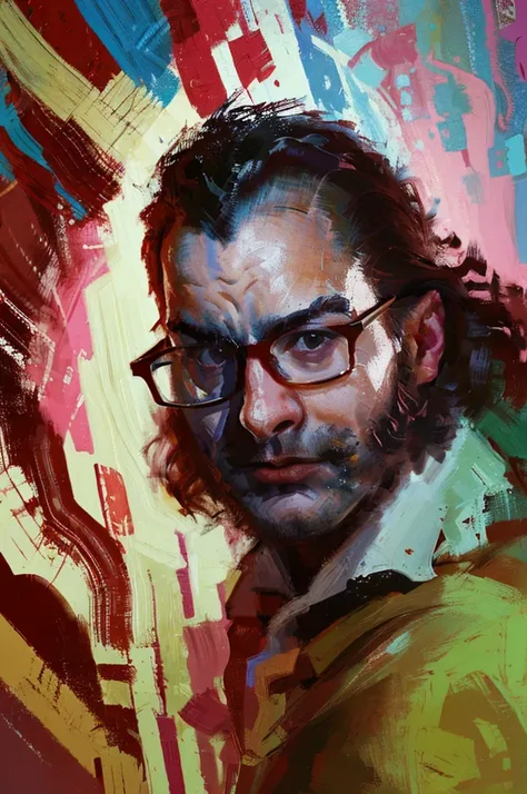 a young man,portrait,glasses,abstract style,oil painting,(best quality,4k,8k,highres,masterpiece:1.2),ultra-detailed,(realistic,photorealistic,photo-realistic:1.37)