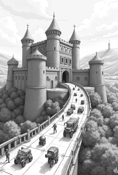 Draw with a pencil a castle protected by 3 walls around it,  At the entrance to the castle, represent small vehicles and joined spheres and robots, and all of them heading towards the castle walls. Use arrows to show the movement of these vehicles, spheres...