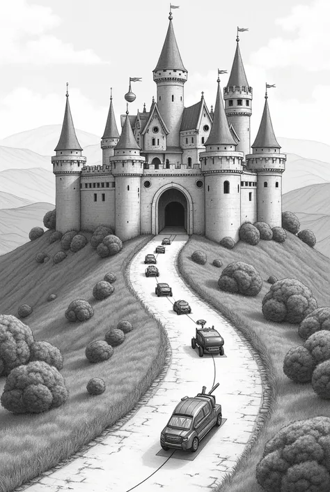 Draw with a pencil a castle protected by 3 walls around it,  At the entrance to the castle, represent small vehicles and joined spheres and robots, and all of them heading towards the castle walls. Use arrows to show the movement of these vehicles, spheres...