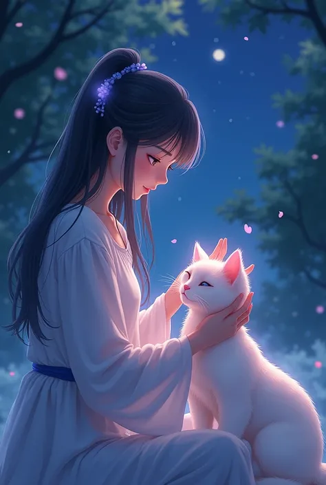 Healing anime style。The hostess touches the cat&#39;s head at night
