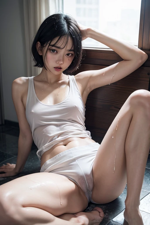 （8 talents），（infant），Grey tank top，White shorts，Flat chest，Nipples，Thighs，side，sideSweat，Sweat，（Sweat染み），Leg spread，White skin，Thin arms，Soaked，Wet，Black Hair，Short Hair，Pussy，（Pussy line），（See-through），blush，Elevation，tongue，Drooling