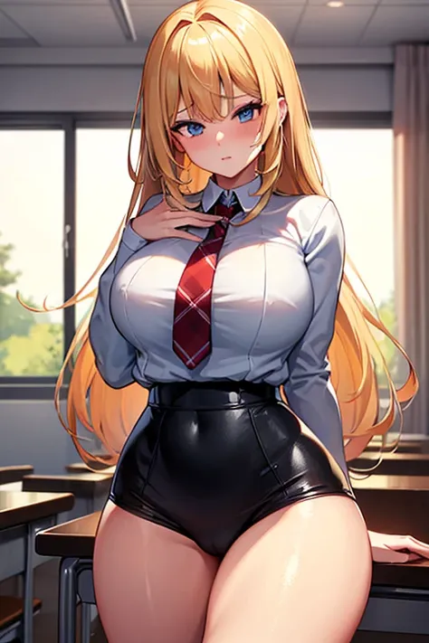 A  girl 1 meter 60 centimeters tall with big thighs blonde hair and beautiful wearing a sexy school outfit,