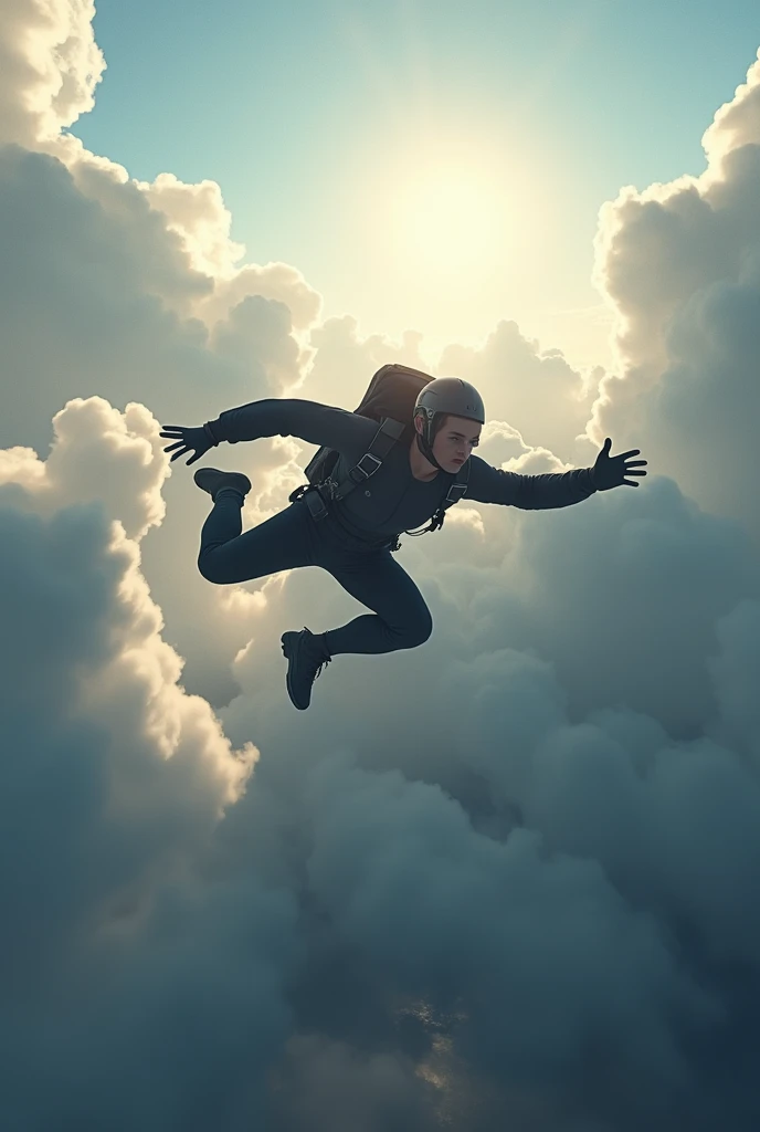 a skydiver leaping out of an airplane, adrenaline-filled skydiving jump, free falling through the sky, parachute deployed, dramatic clouds, sun glare, blurred background, intense wind effects, ultra-realistic 8k, cinematic lighting, stunning colors, master...