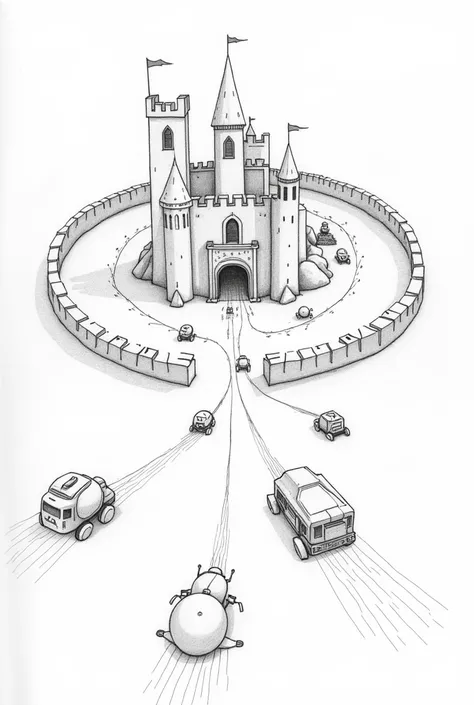 Draw a simple castle with pencil, , protected by 3 walls around it, At the entrance to the castle, represent small vehicles and joined spheres and robots, and all of them heading towards the castle walls. Use arrows to show the movement of these vehicles, ...