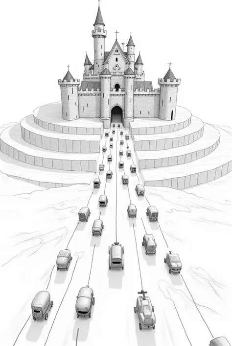 Draw a simple castle with pencil, , protected by 3 walls around it, At the entrance to the castle, represent small vehicles and joined spheres and robots, and all of them heading towards the castle walls. Use arrows to show the movement of these vehicles, ...