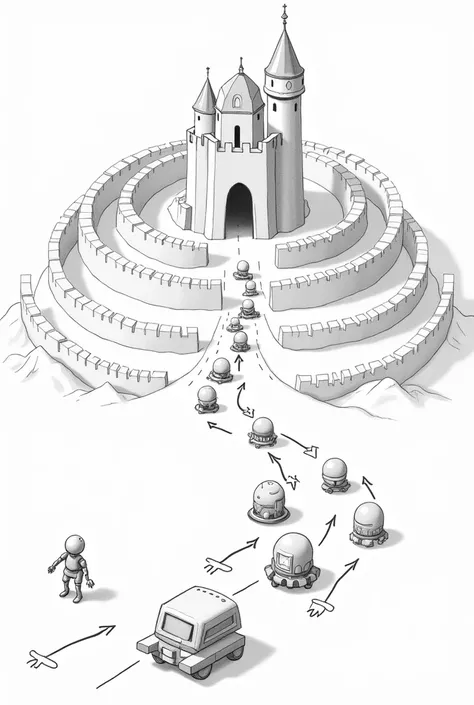 Draw a simple castle with pencil, , protected by 3 walls around it, At the entrance to the castle, represent small vehicles and joined spheres and robots, and all of them heading towards the castle walls. Use arrows to show the movement of these vehicles, ...