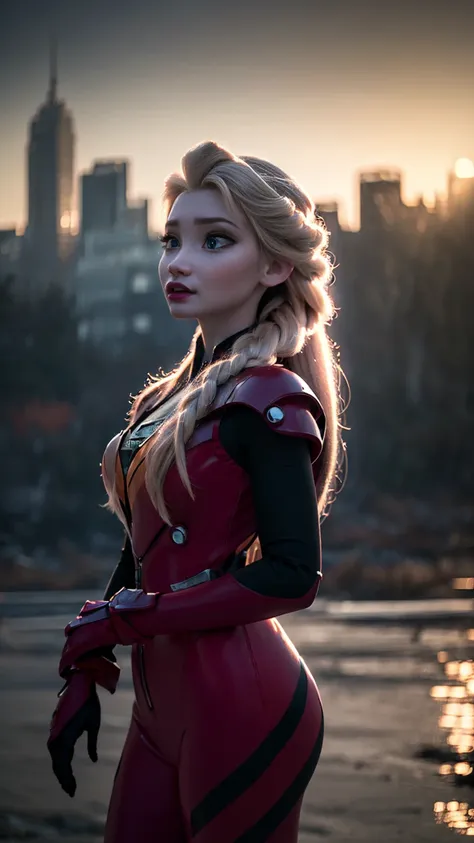 a beautiful woman, Elsa from "Frozen" in an evangelion plug suit, long platinum blonde hair, blue eyes, various spell casting poses, (wide angle shot:1.27), frozen over cityscape in the background, highly detailed, photorealistic, 8k, (best quality,4k,8k,h...