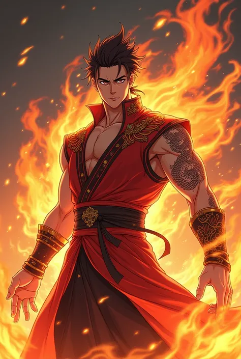 Please help me design a character costume for a male anime character with fire powers and a Chinese style mix.