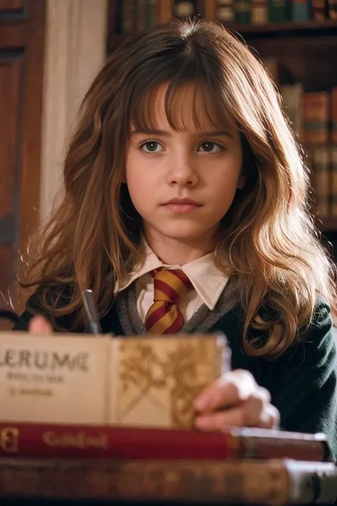 (((realistic:1.2))), hermione, in her classic red school uniform, ((only green books)) inside a library, holding the brown wand ...