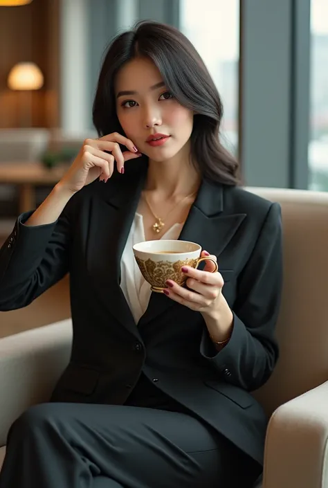 Beautiful Thai woman in office uniform, wearing high heels, sipping coffee on the sofa.