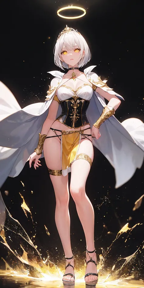 (black background) paladin lady in ornate golden armor, pauldrons, breastplate, corset, glowing halo, short hair, bob hair style, white silver hair, yellow glowing eyes, bright pupils, eye focus, red cape, particles, light beam, chromatic aberration, full ...