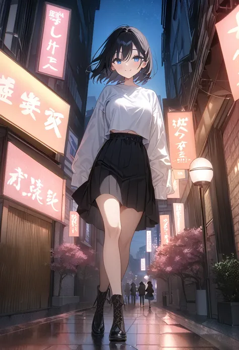 masterpiece, high quality, 16k resolution, detailed, beautiful anime girl, large breasts, slender waist, pale skin, black hair, fine hair, simple clothing, white T-shirt, no accessories, (looking away:1.4), (walking in neon-lit night city), spring season, ...