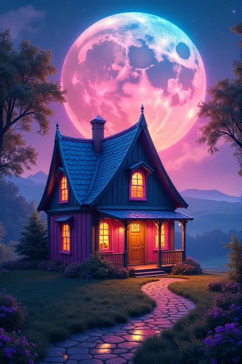 A neon colored country house with the moon in the sky in pink and blue and orange.