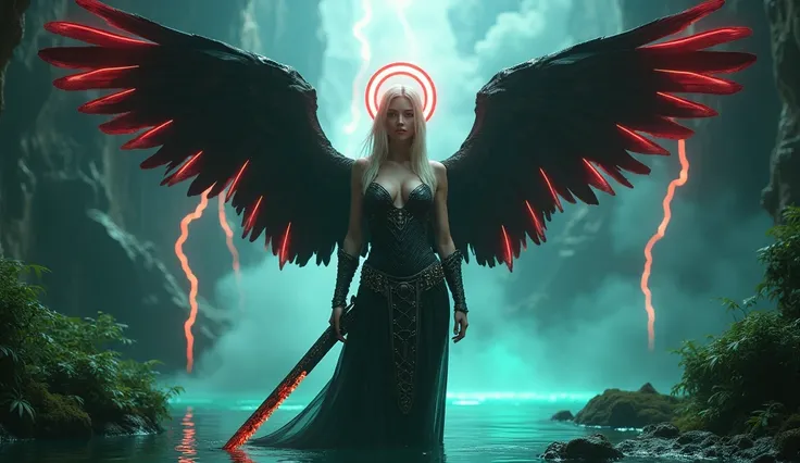 In this masterpiece, a stunning (sexy fallen angel warrior) stands in the center of the frame, radiating an aura of mystique and beauty. The ultra-detailed 4K image presents her (in thigh-deep turquoise water) in the center of a vast, (dark cavern), with (...