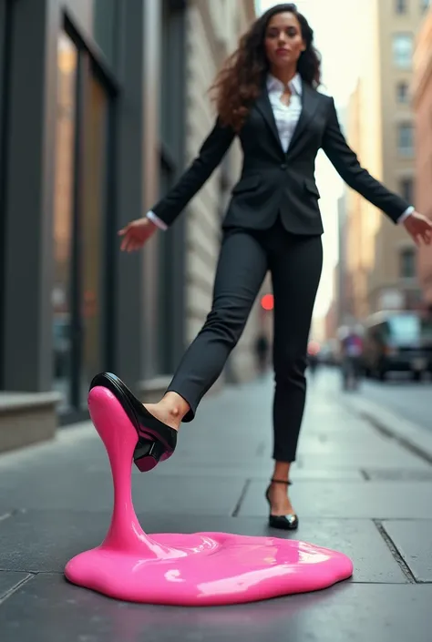 businesswoman lifts her leg in the air as sticky pink gum is stretching under her black                     high heel sole on the sidewalk