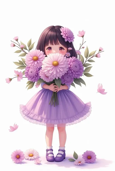 white background,cute little baby girl standing,wearing beautiful party frock,purple shade full frill frock,wearing beautiful shoes,her hands full of large flower bunch,some flowers are fell down,nice smiling anime Sophia face,hide half face of flowers
