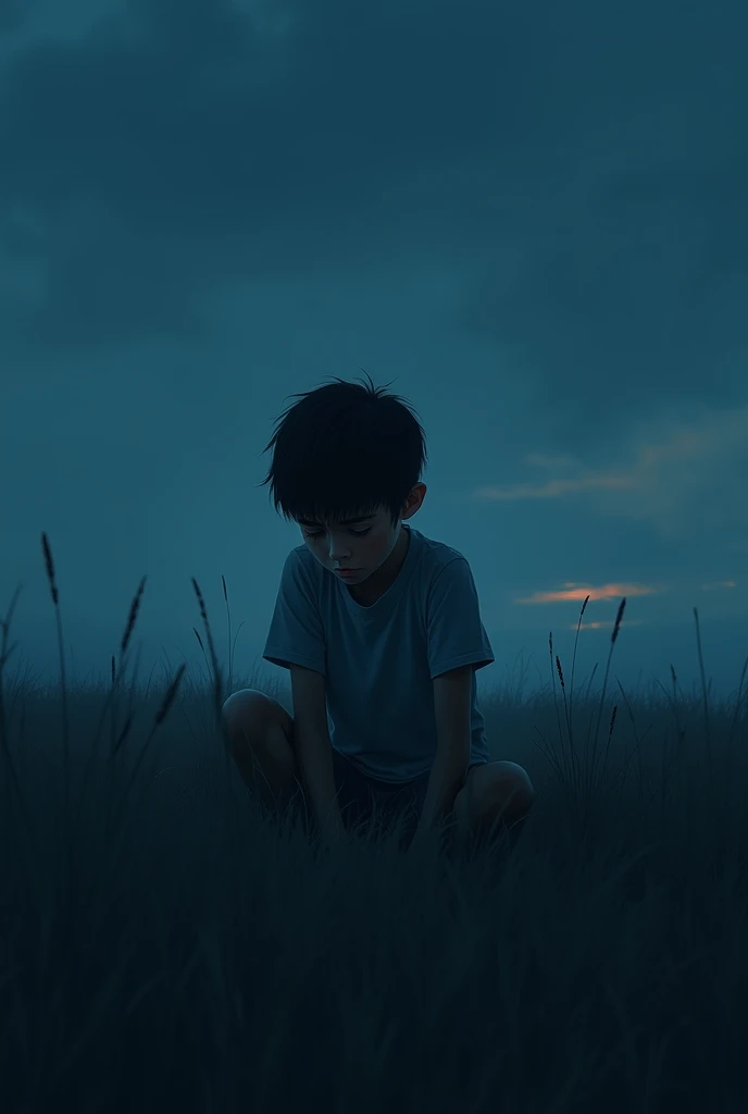 A  boy was very sad and he was sit on a fild and the sky was dark blue