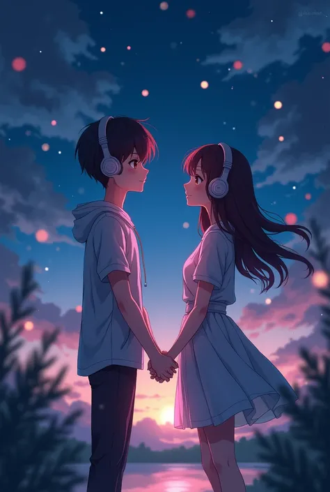 1 anime boy and girl couple with headphones holding hands with a night landscape background with a little pink