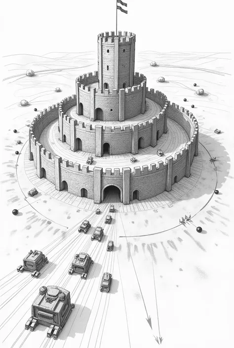 Draw a simple castle with pencil, , protected by 3 walls around it, At the entrance to the castle, represent small vehicles and joined spheres going towards the castle walls. Use arrows to show the movement of these vehicles and spheres.