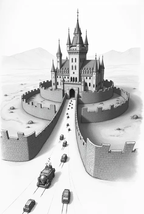 Draw a simple castle with pencil, , protected by 3 walls around it, At the entrance to the castle, represent small vehicles and joined spheres going towards the castle walls. Use arrows to show the movement of these vehicles and spheres.