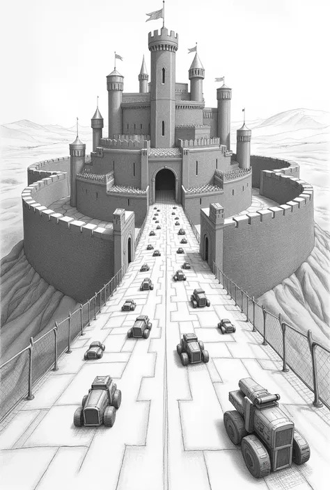 Draw a simple castle with pencil, , protected by 3 walls around it, At the entrance to the castle, represent small vehicles and joined spheres going towards the castle walls. Use arrows to show the movement of these vehicles and spheres.