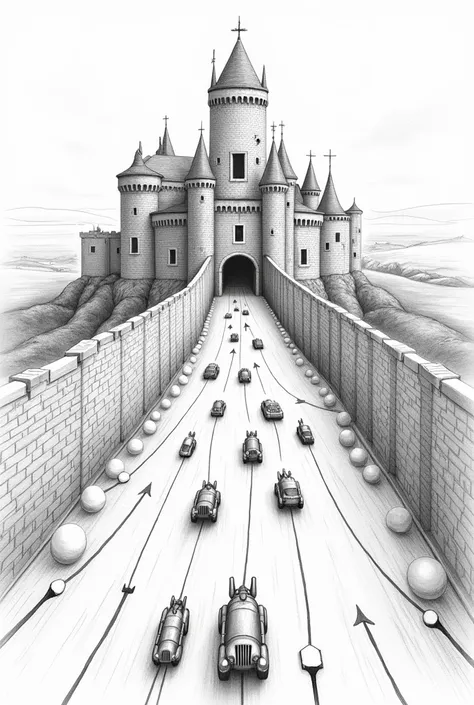 Draw a simple castle with pencil, , protected by 3 walls around it, At the entrance to the castle, represent small vehicles and joined spheres going towards the castle walls. Use arrows to show the movement of these vehicles and spheres.