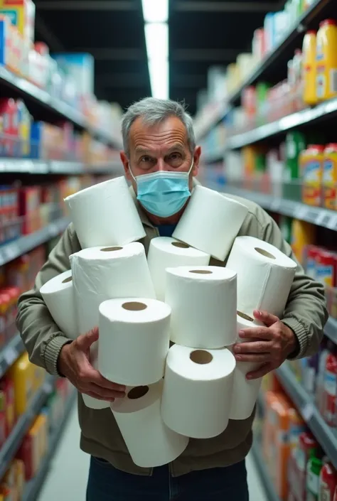 Horizontal image of a man wearing a mask in a supermarket hoarding all the toilet paper 