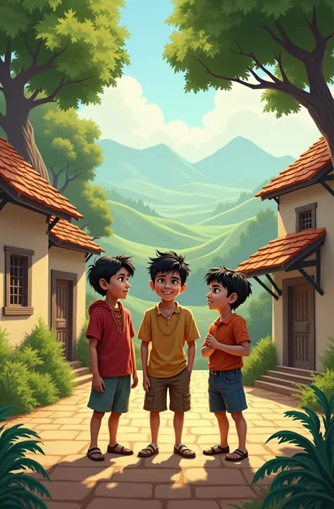 "A small, ancient village in India called Teerthpuri, surrounded by lush green fields, with three young boys – Sumit (smart and brave), Banti (playful and mischievous), and aftab (timid and fearful) standing together in the village square."