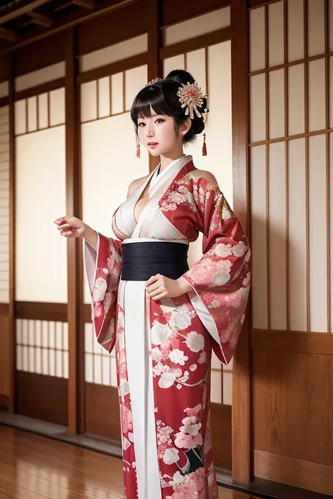 Full-length photograph of a delicate Japanese woman with coiffed hair. She wears a traditional kimono that leaves her shoulders and part of her breasts exposed.. The background is made of classical Japanese architectural elements made of wood and paper..
