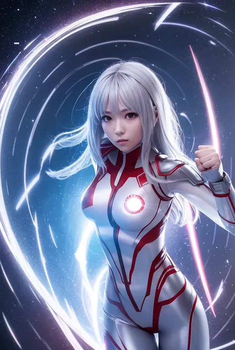 From within the vortex of light、Enter with your fist raised、A female alien with a silver body and red lines、Female Ultraman、The body is transparent