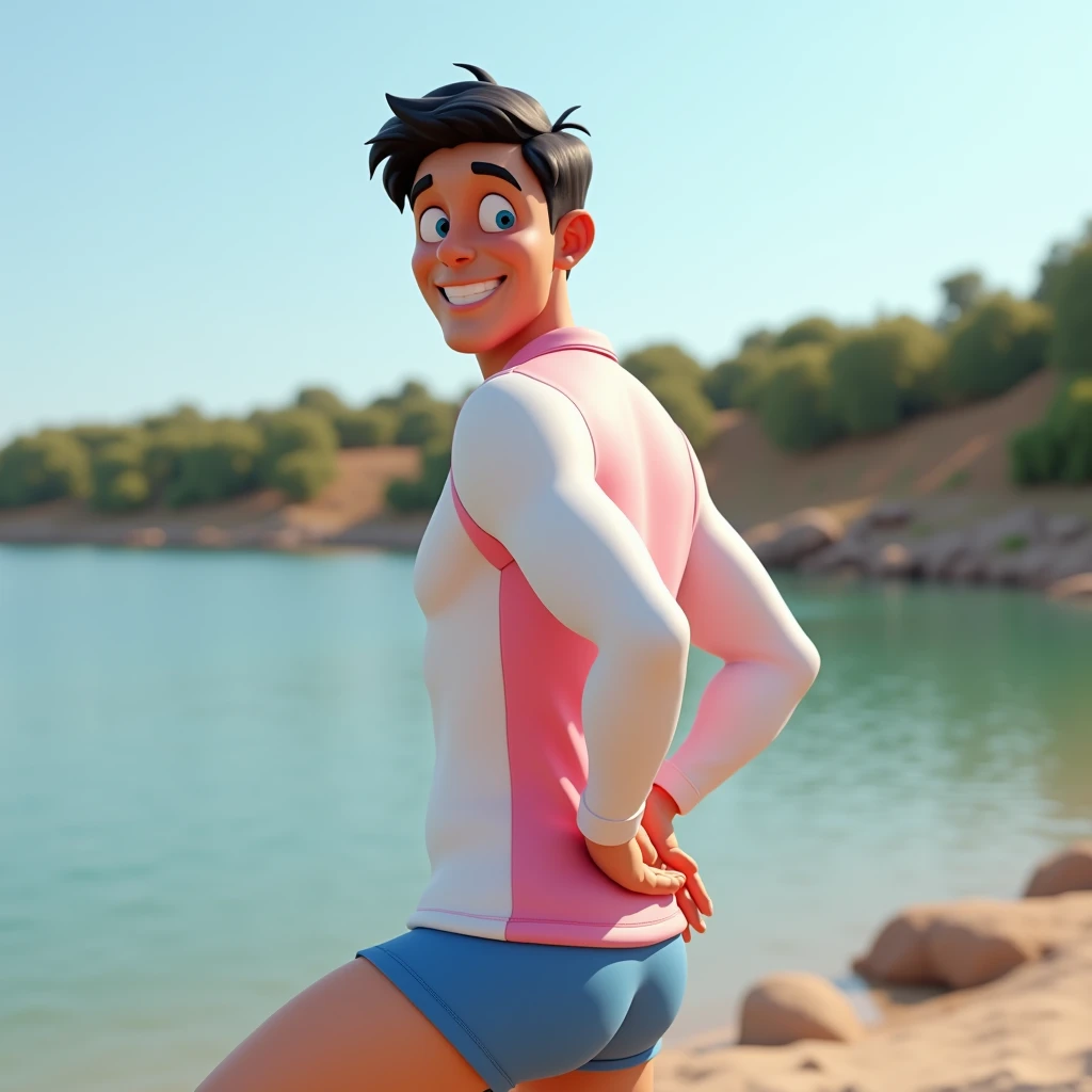 A white man, at 3, model type, with short dark hair, with blue eyes, wearing a full white and pink shirt and blue boxers, from sideways, smiling at the camera and showing her ass in a lake in Alentejo