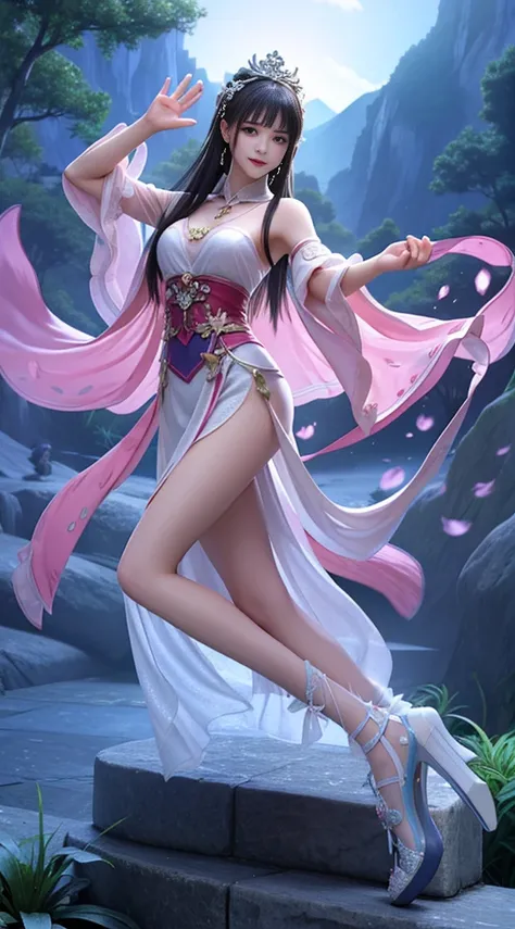 Moonlight的风景，A unique ancient costume goddess。Her gorgeous outfit sparkles，The skirt flutters in the breeze，It looks elegant and dynamic。Her eyes were full of amusement，As if blending into this peaceful nature。

The fashion goddess was wearing a pair of st...