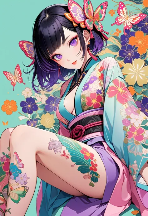 A mesmerizing surreal illustration of a young japanese woman resembling Shinobu Kouchou. She has black hair, purple eyes, a butterfly hair ornament, and wears a vibrant pastel colored outfit adorned with intricate floral patterns. She has a smooth, warm co...