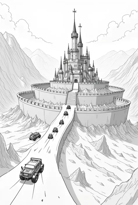 Draw a sketch to paint later a simple castle and , protected by 3 walls. represent small vehicles and joined spheres going towards the castle walls. Use arrows to show the movement of these vehicles and spheres.