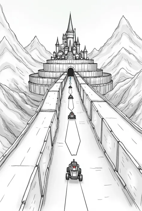 Draw a sketch to paint later a simple castle and , protected by 3 walls. represent small vehicles and joined spheres going towards the castle walls. Use arrows to show the movement of these vehicles and spheres.